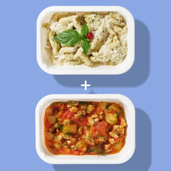 Pachet 2 – Paste cu sos pesto + Tocăniță de pui cu cartofi